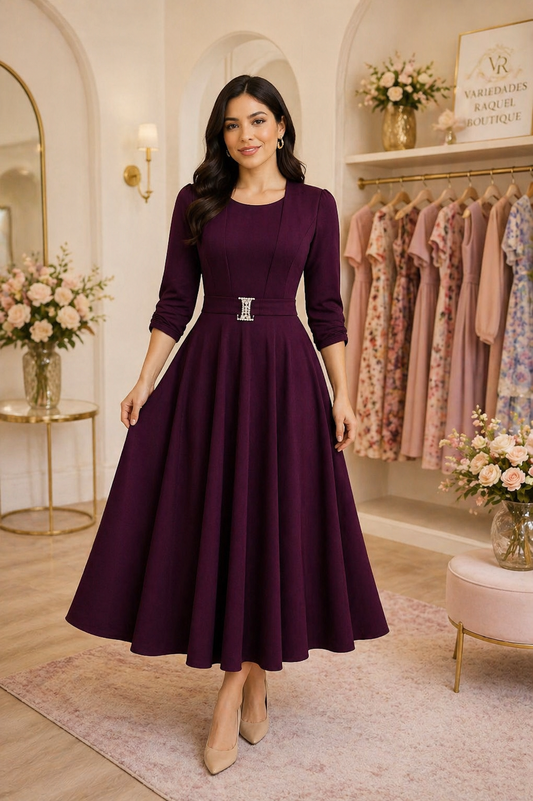 Vestido Elegante Clásico Color Ciruela con Cinturón Decorativo