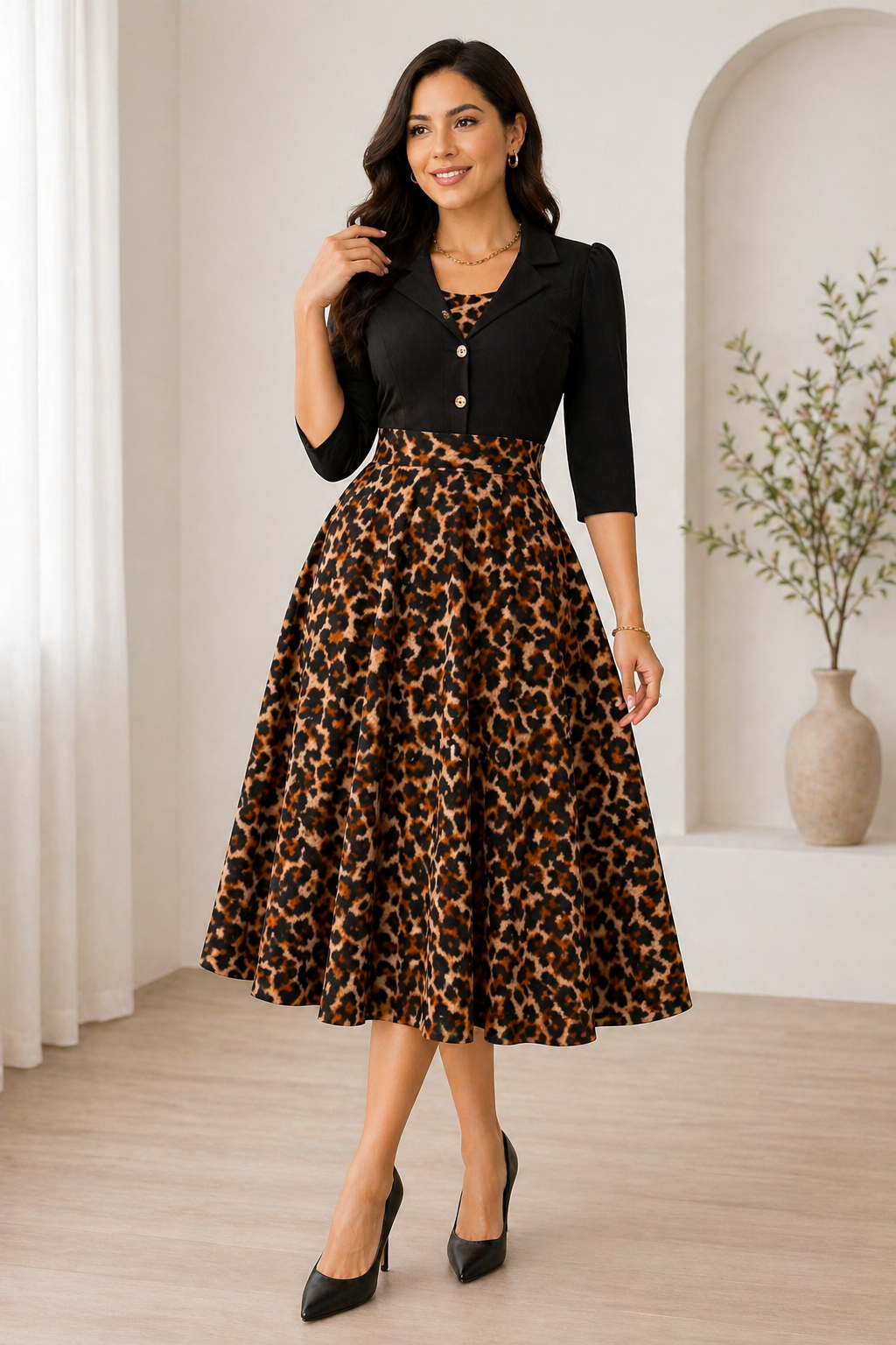 Vestido 3/4 Elegante Animal Print con Blusa Negra